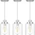 Industrial Pendant Lighting, Modern Clear Glass Shade Pendant Lights, Adjustable Hanging Light Fixtures, Farmhouse Pendant Lighting for Kitchen Island Living Room Bedroom Hallway 3-Pack