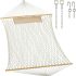 JoyView Traditional Rope Double Hammock - Hand Woven Cotton Hammock with Hardwood Spreader Bar and Pillow 450lb Capacity 2 Person Hammock for Outdoor Indoor Patio Yard - Natural