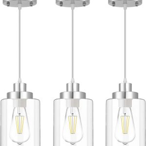 Industrial Pendant Lighting, Modern Clear Glass Shade Pendant Lights, Adjustable Hanging Light Fixtures, Farmhouse Pendant Lighting for Kitchen Island Living Room Bedroom Hallway 3-Pack